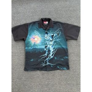 Urge Im-Pulse Y2K All Over Print Chrome Demon Camp Collar Shirt Sz L 2000s AOP
